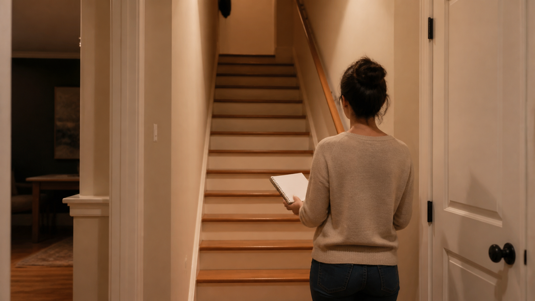 Homeowner reviews walking clearance in a narrow hallway staircase.