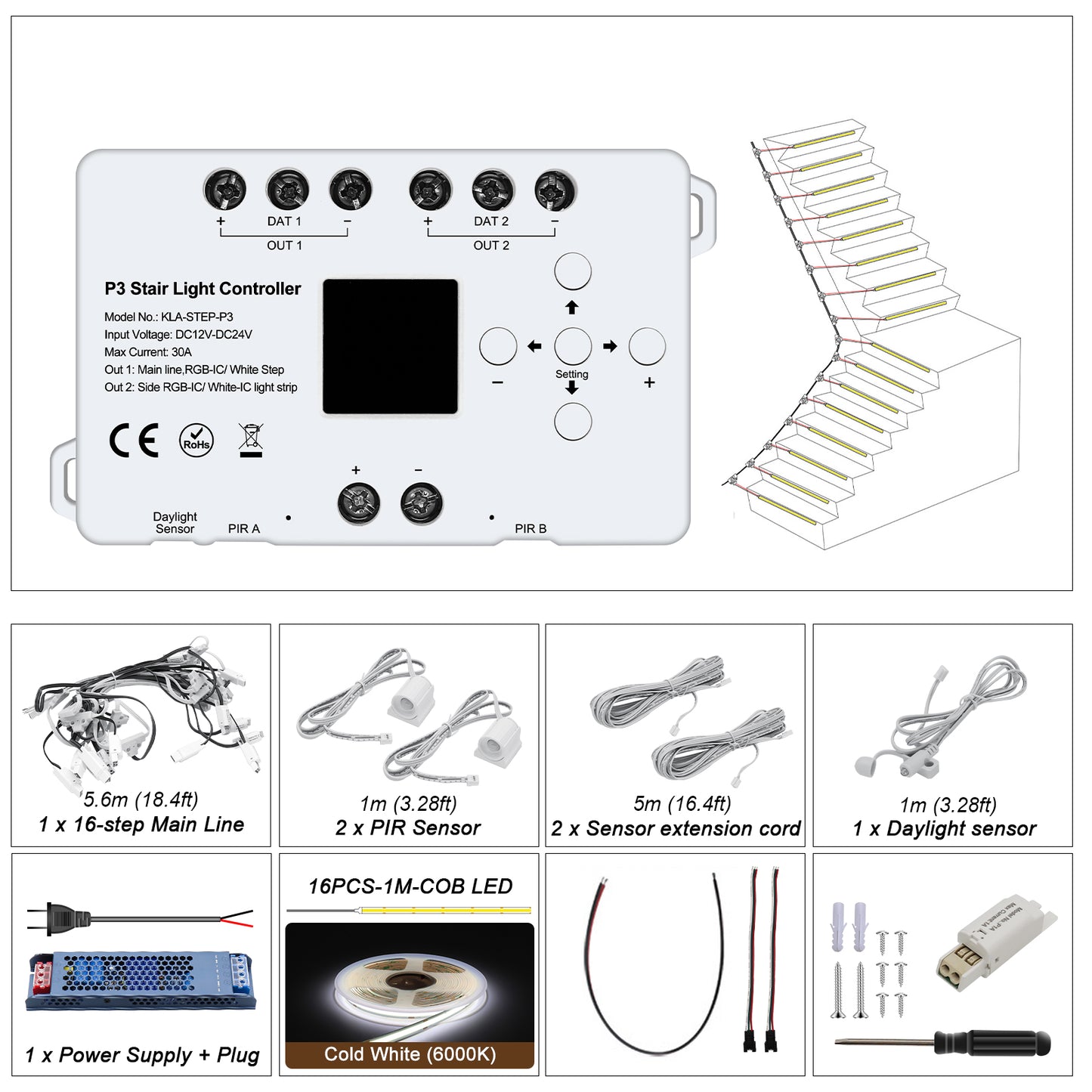 MALIIGAZA STEP-P3 Intelligent Motion Sensor Stair Light Kit | High CRI 90+ COB LED Step & Side Flow Handrail Lighting System | Plug and Play Main Line DIY Indoor Staircase Lighting (Copy)