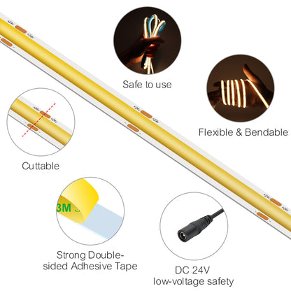 MALIIGAZA 5m 10m COB LED Strip Light 3mm 5mm 8mm 10mm High Density CRI90+ Dimmable 12V 24V LED Tape Light for Cabinet Bedroom Kitchen Lighting