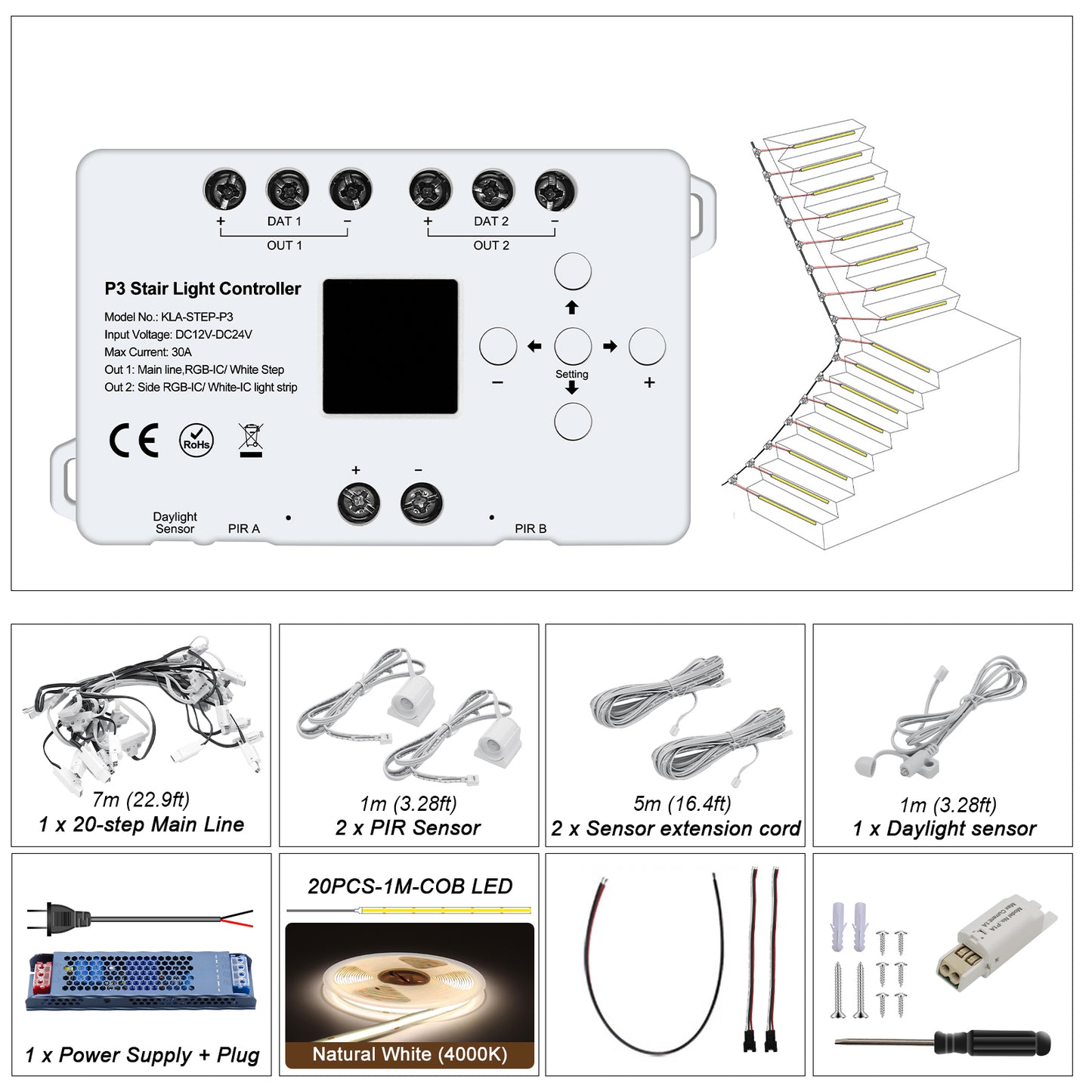MALIIGAZA STEP-P3 Intelligent Motion Sensor Stair Light Kit | High CRI 90+ COB LED Step & Side Flow Handrail Lighting System | Plug and Play Main Line DIY Indoor Staircase Lighting (Copy)