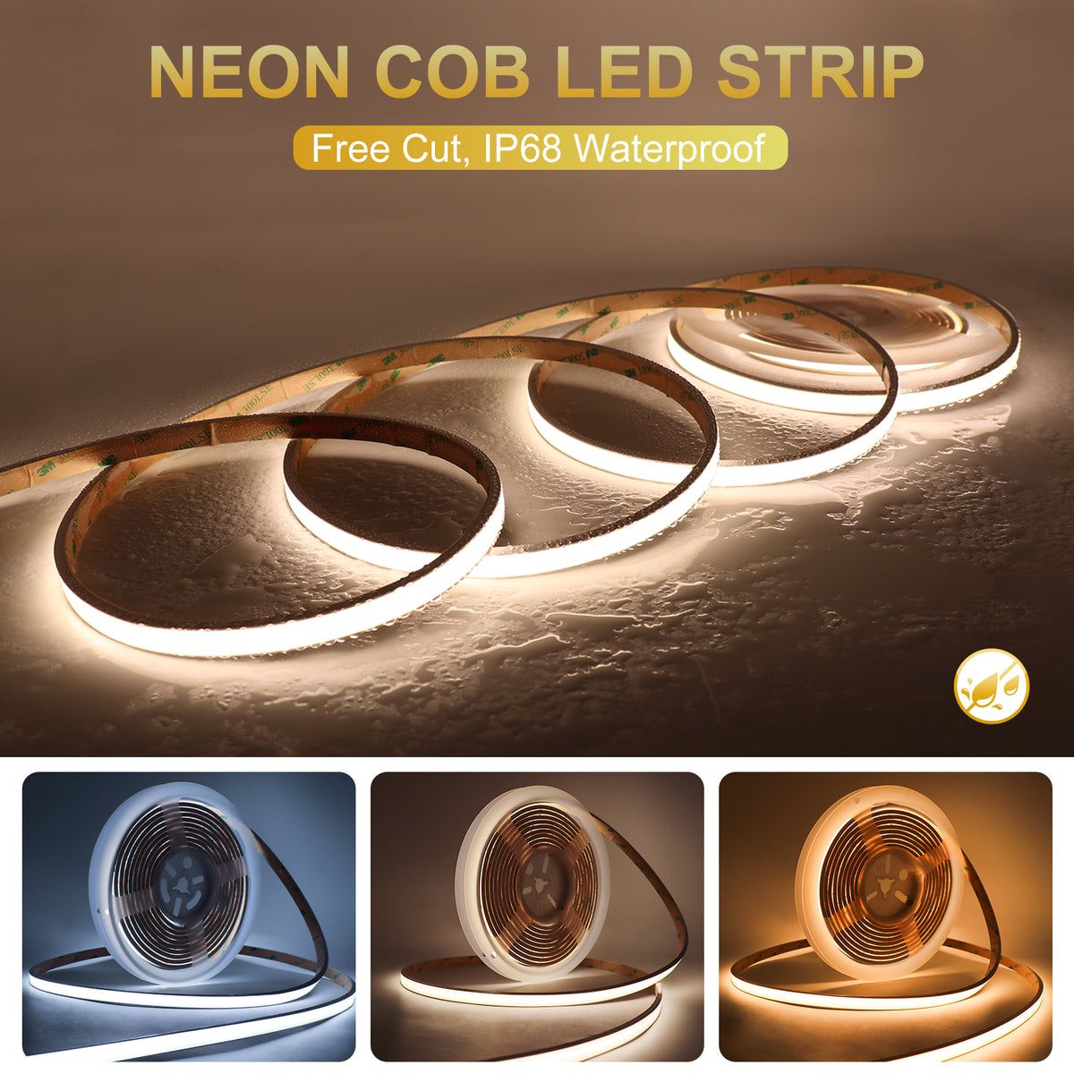 IP68 Waterproof Free Cut COB LED Strip Light 12V 24V 3000K 4000K 6000K Warm Cold White RA90 Neon FOB LED Tape with Silicone Tube