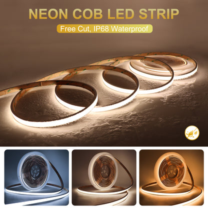 IP68 Waterproof Free Cut COB LED Strip Light 12V 24V 3000K 4000K 6000K Warm Cold White RA90 Neon FOB LED Tape with Silicone Tube