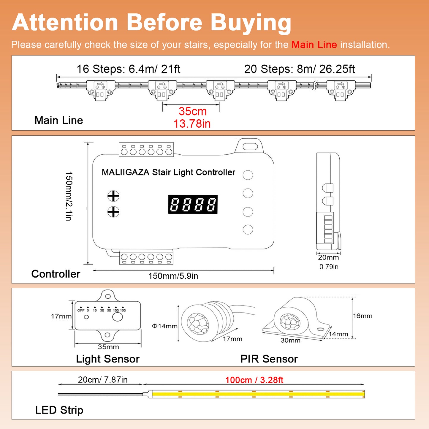 MALIIGAZA Smart Indoor Sensor Stair Light Kit | COB LED 480LEDs/m | PIR Auto On/Off | Step-by-Step Dynamic Lighting | Easy Plug-in Main Line Install | 12/16/20 Steps
