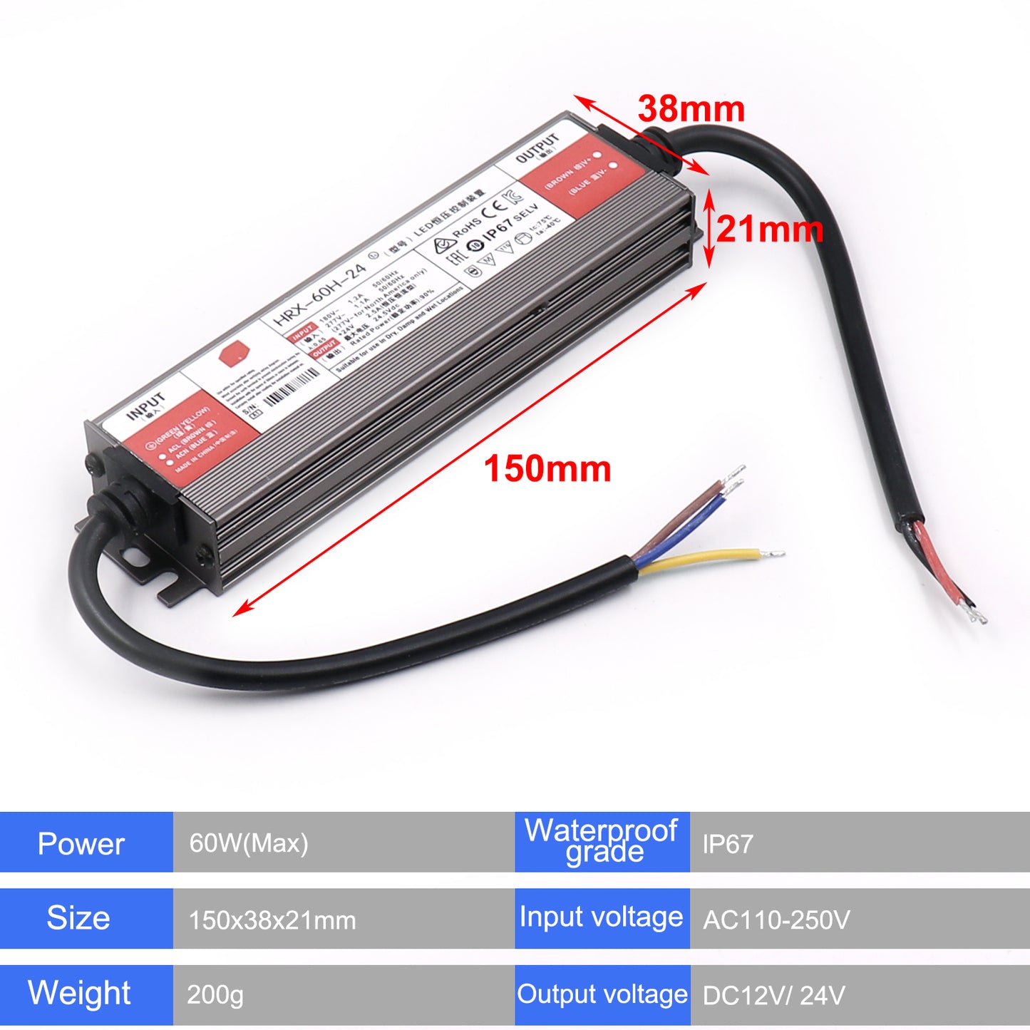 MALIIGAZA IP67 Waterproof LED Power Supply 12V 24V Outdoor Aluminum Housing