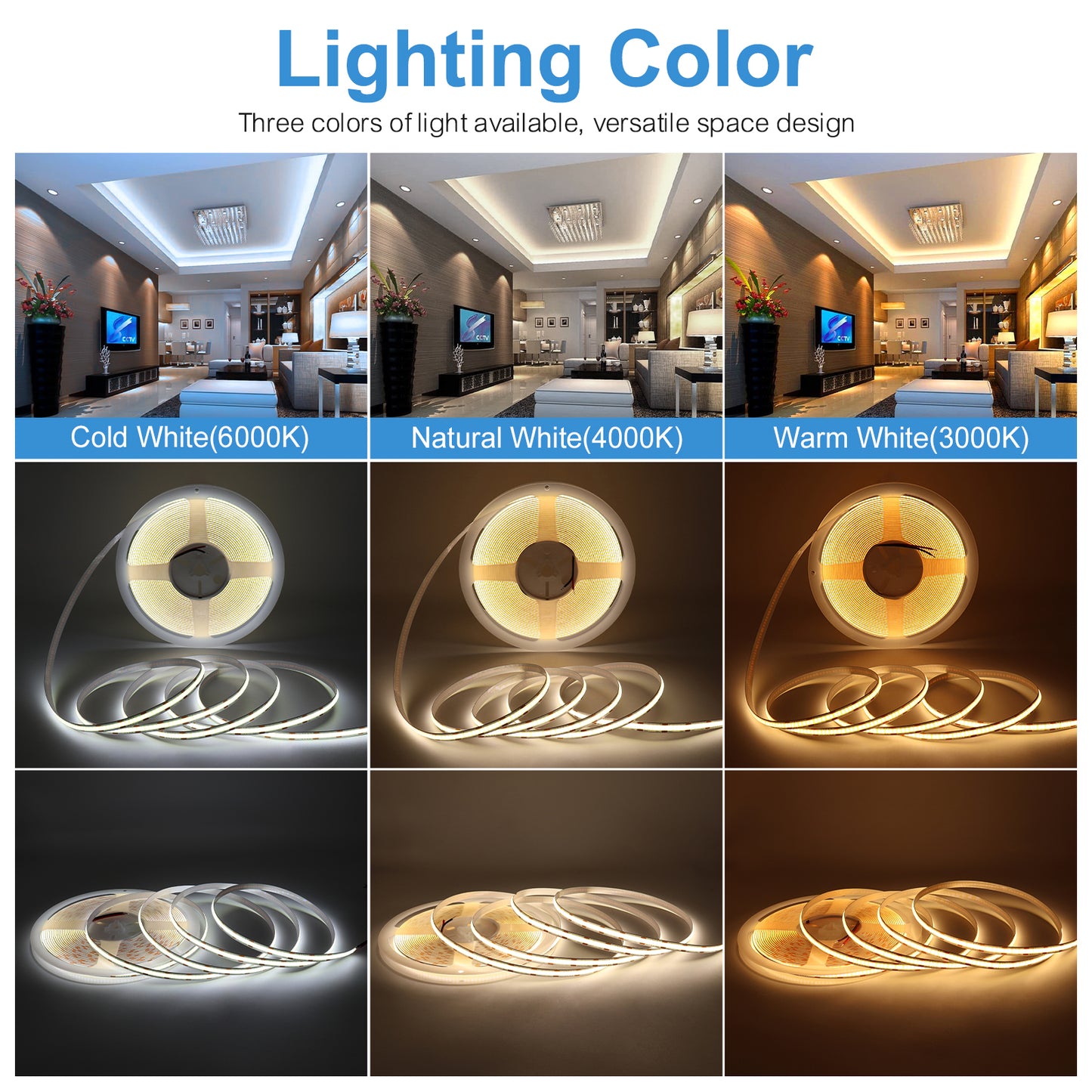 COB LED Strip Light 10M Dotless Flexible LED Tape, 2700K 3000K 4000K 6000K, CRI90 Dimmable Cuttable Indoor Lighting Strip for Ceiling, Cabinet, Kitchen, Bedroom DIY Lighting (12V/24V, No Power Supply)