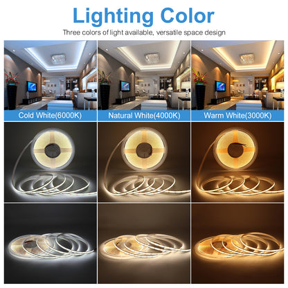 COB LED Strip Light 10M Dotless Flexible LED Tape, 2700K 3000K 4000K 6000K, CRI90 Dimmable Cuttable Indoor Lighting Strip for Ceiling, Cabinet, Kitchen, Bedroom DIY Lighting (12V/24V, No Power Supply)
