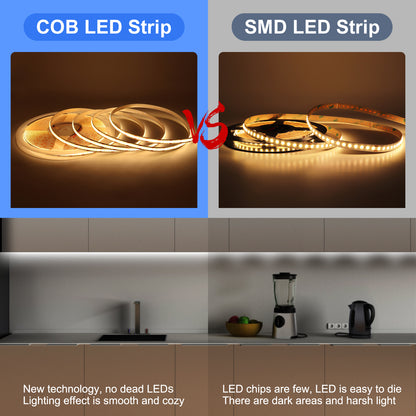COB LED Strip Light 10M Dotless Flexible LED Tape, 2700K 3000K 4000K 6000K, CRI90 Dimmable Cuttable Indoor Lighting Strip for Ceiling, Cabinet, Kitchen, Bedroom DIY Lighting (12V/24V, No Power Supply)