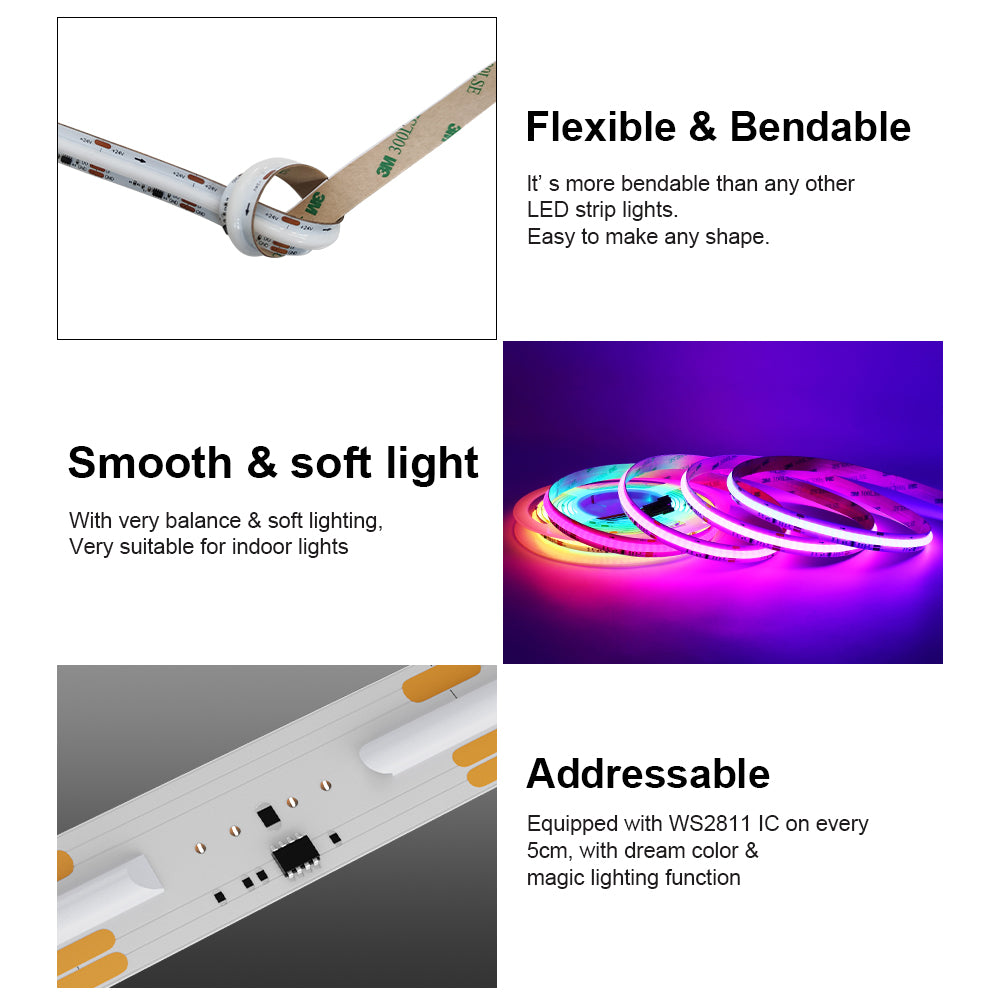 WS2811 addressable COB LED strip with dynamic flowing effects