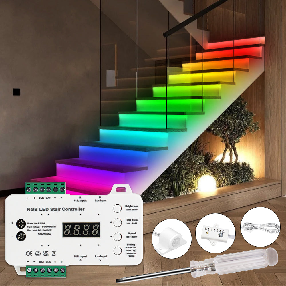 RGB stair light kit package contents: LED strips, main line cable, 24V power supply, PIR sensors and accessories