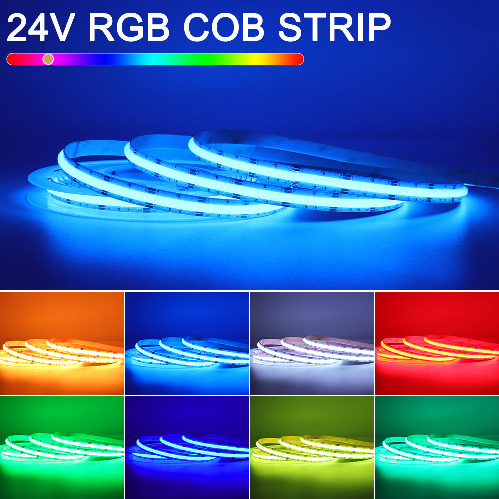 RGB COB LED strip close-up showing 576 LEDs per meter ultra-dense uniform light output