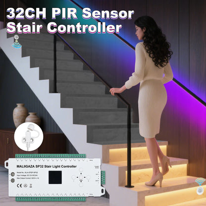 MALIIGAZA LED Stair Light Controller Motion Sensor Programmable Step and Side Stair Strip Lighiting With 2CH Running LED Strip