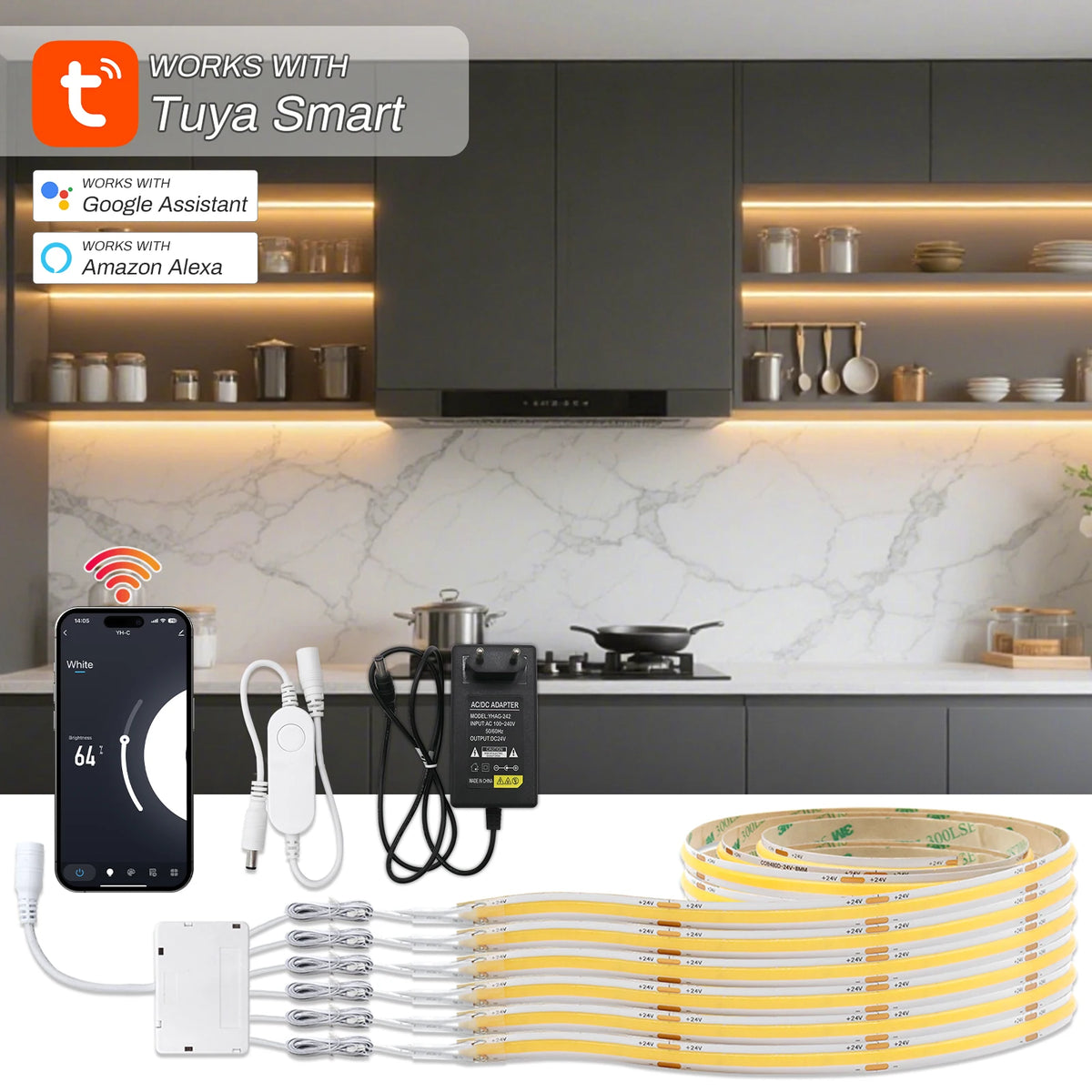 COB LED Cabinet Strip Light Kit Tuya WiFi Zigbee Bluetooth RF Control 1–6 Bars Set Bookcase Kitchen Shelf Under Cabinet Lighting