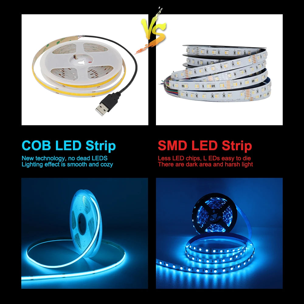 DC5V USB LED COB Strip Light Flexible Ribbon Lamp High Density Tape LED  3000K 4000K 6000K Red Blue Green LED Light Room Decor