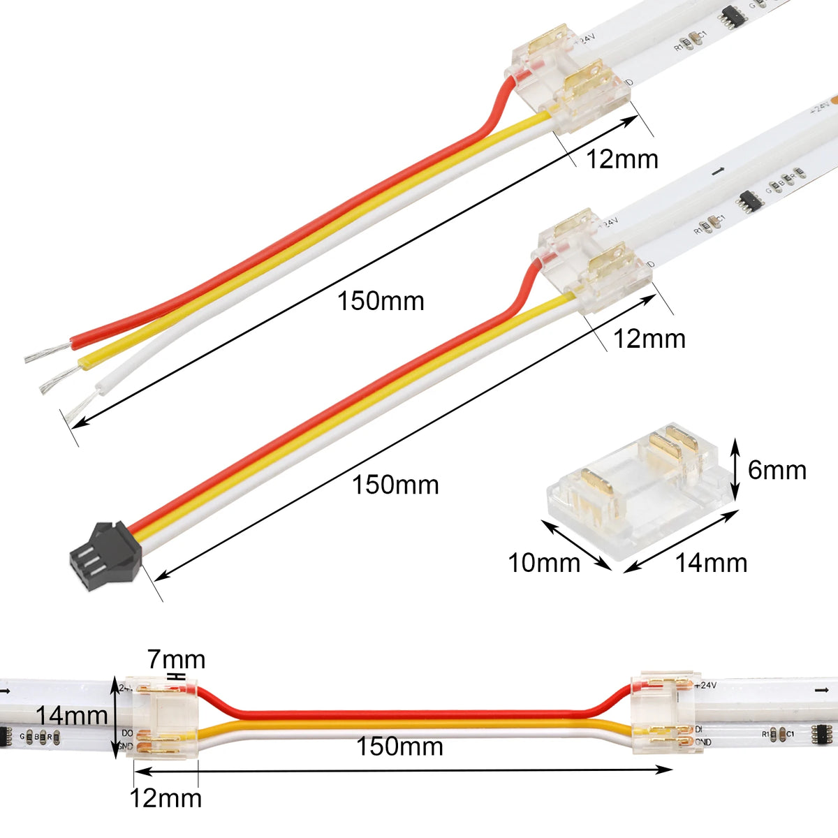3Pin 10mm 12mm Connector for Addressable COB LED Strip Light SPI FCOB LED Tape Solderless Fast Connector PCB to PCB SM Connector