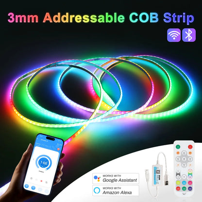 3mm Ultra-Thin WS2812B Addressable COB LED Strip 5V RGB Individual Pixel Control 240LEDs/m High Bright USB Powered Light Tape