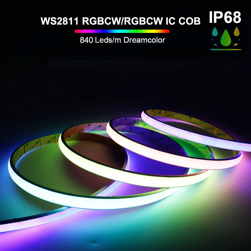 MALIIGAZA IP68 RGBCCT COB LED Strip 24V - PWM or SPI WS2811, 840 LEDs/m, 3000K-6000K Tunable White