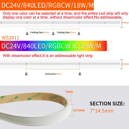 MALIIGAZA IP68 RGBCCT COB LED Strip 24V - PWM or SPI WS2811, 840 LEDs/m, 3000K-6000K Tunable White