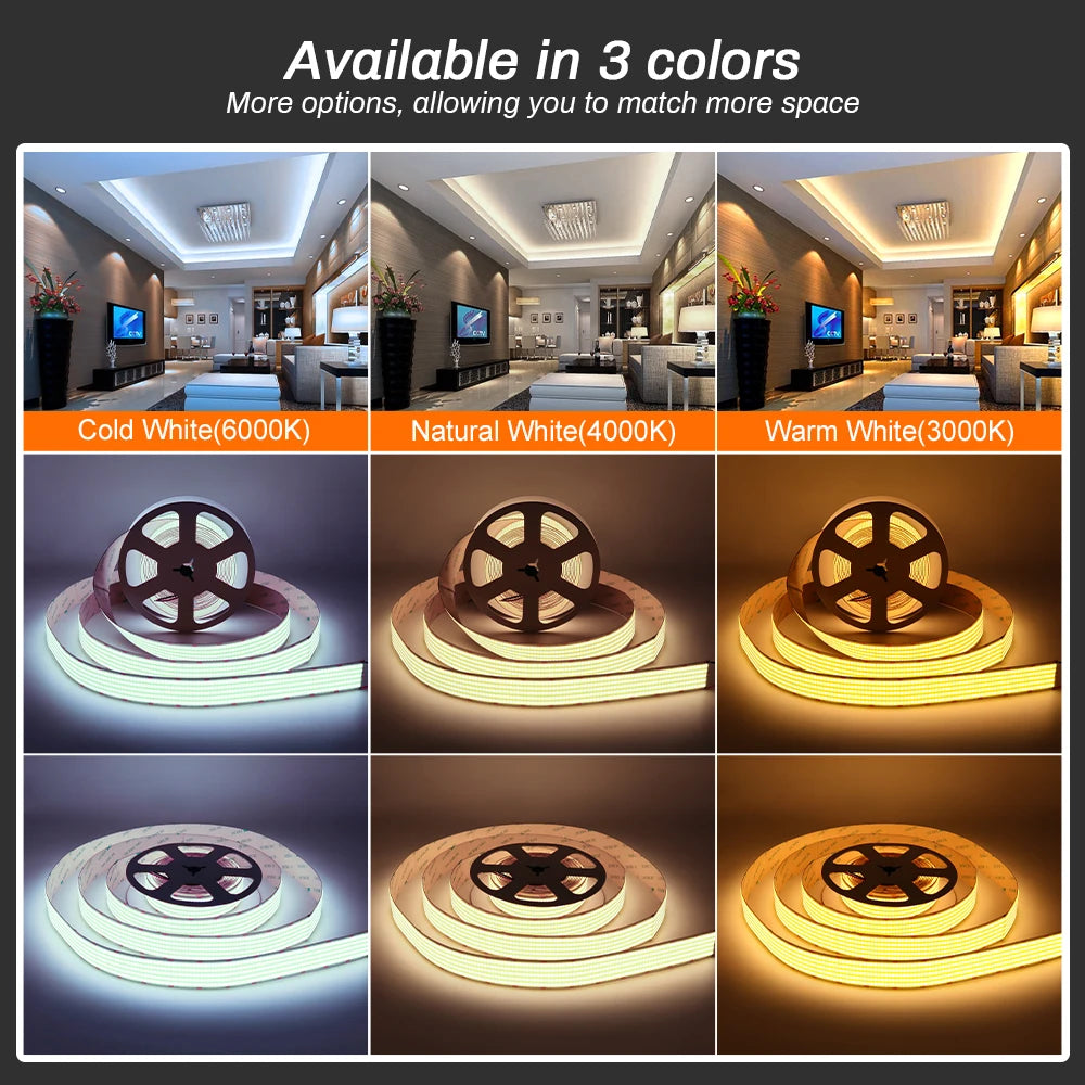 30mm Wide COB LED Strip Light 24V 3000K 4000K 6000K RA90 1600LEDs/m Ultra Bright Ribbon LED Tape for Indoor Home Decor Lighting