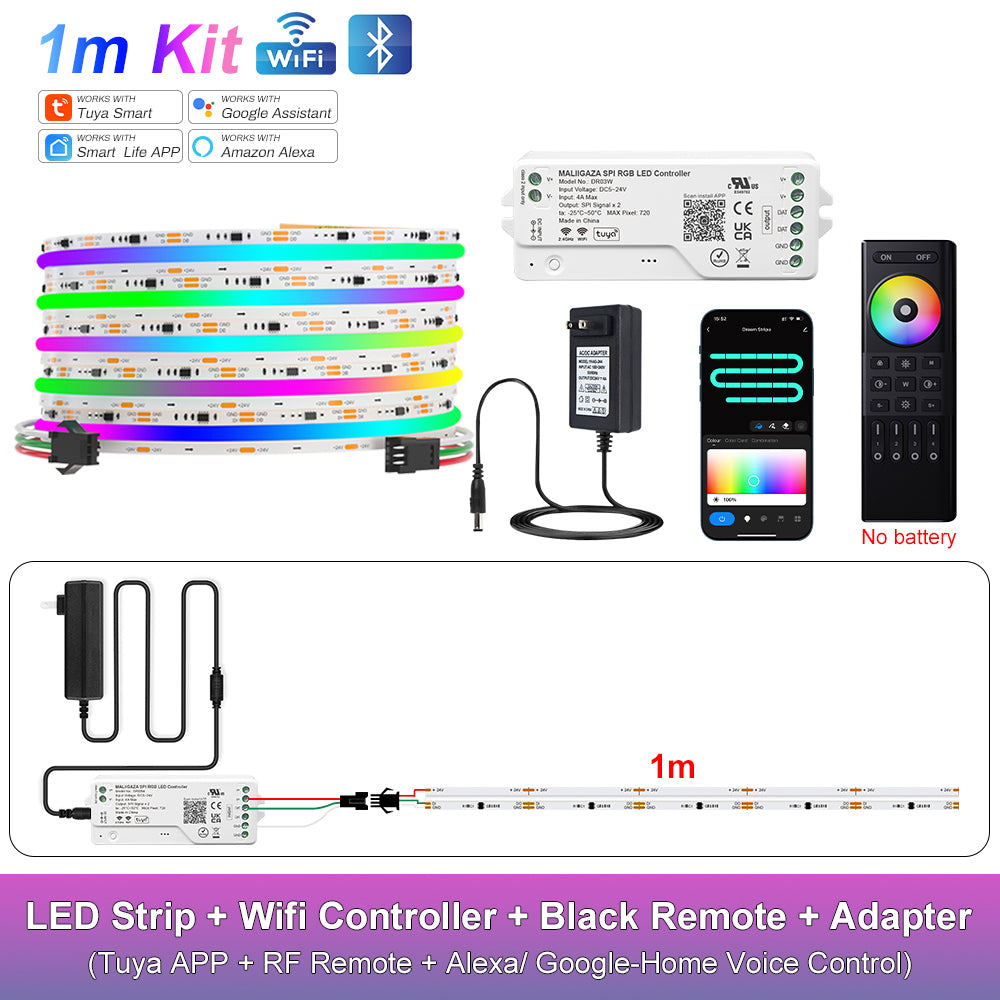 MALIIGAZA Smart Tuya WiFi RGBIC COB LED Strip Kit with Alexa & Google Home App Voice Control, Addressable Dream Color Light Tape 1-5M 10M 15M 20M 25M 30M Decor Lighting