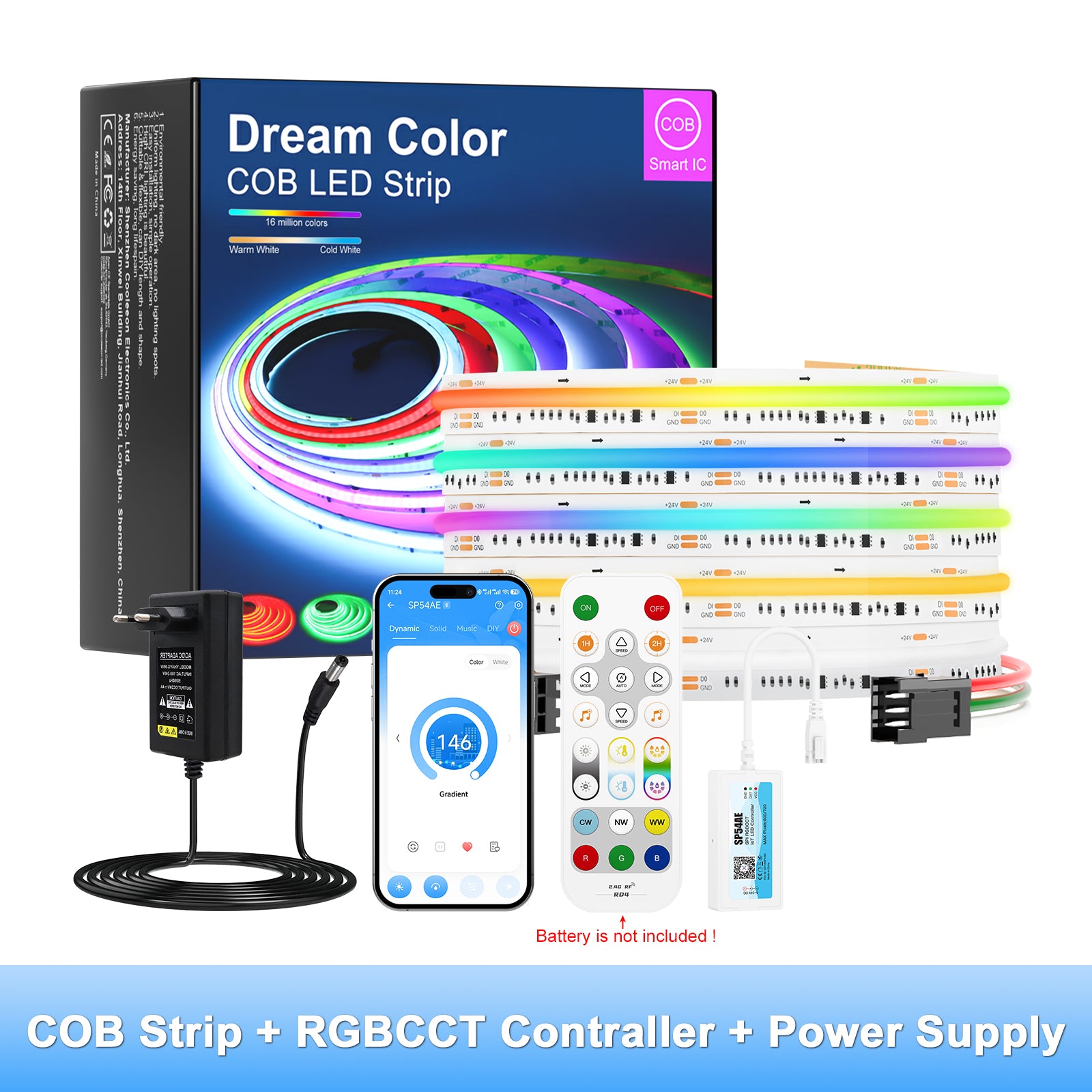 Flexible cuttable RGBCCT COB LED strip with strong self-adhesive backing for easy DIY installation