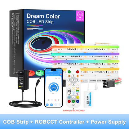 Flexible cuttable RGBCCT COB LED strip with strong self-adhesive backing for easy DIY installation