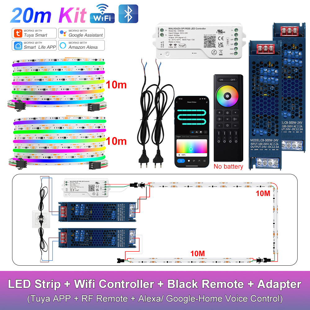 MALIIGAZA Smart Tuya WiFi RGBIC COB LED Strip Kit with Alexa & Google Home App Voice Control, Addressable Dream Color Light Tape 1-5M 10M 15M 20M 25M 30M Decor Lighting