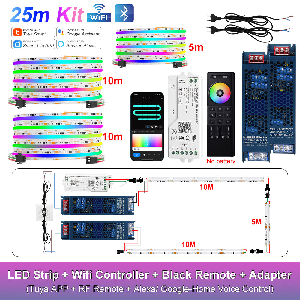 MALIIGAZA Smart Tuya WiFi RGBIC COB LED Strip Kit with Alexa & Google Home App Voice Control, Addressable Dream Color Light Tape 1-5M 10M 15M 20M 25M 30M Decor Lighting