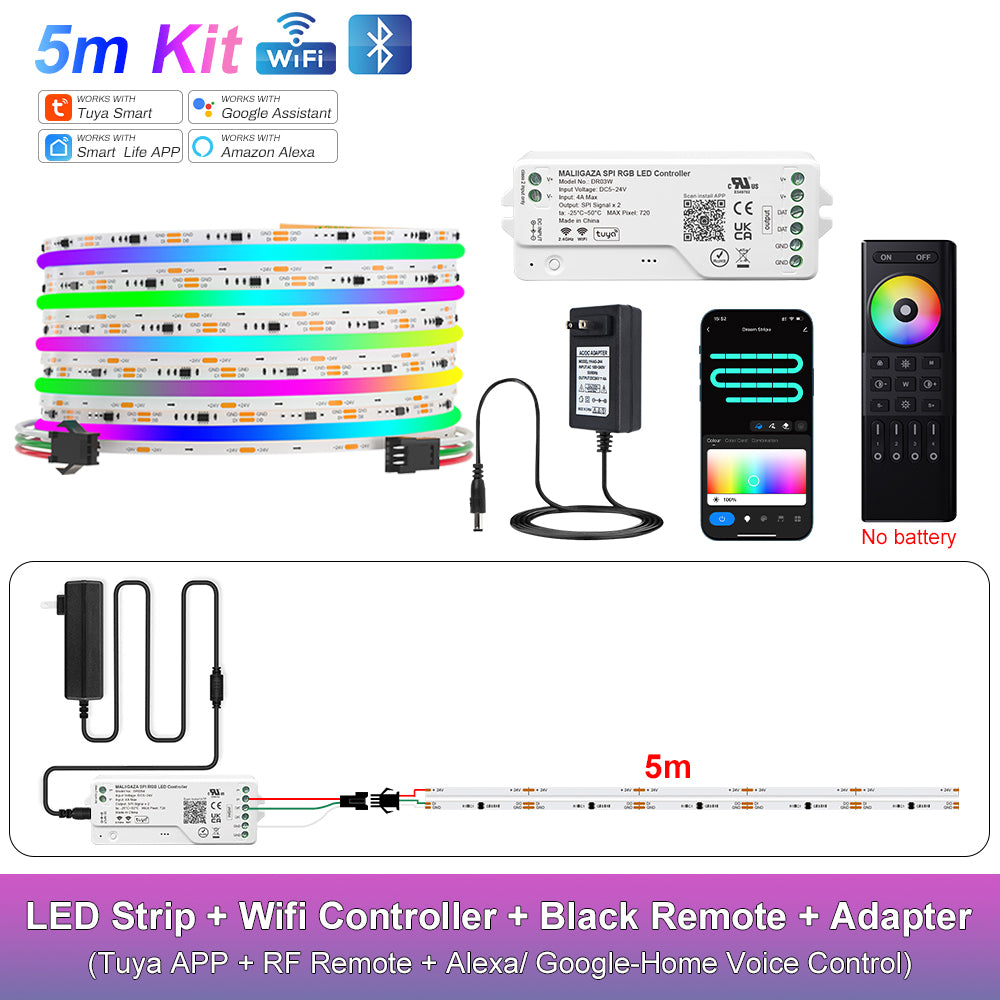 MALIIGAZA Smart Tuya WiFi RGBIC COB LED Strip Kit with Alexa & Google Home App Voice Control, Addressable Dream Color Light Tape 1-5M 10M 15M 20M 25M 30M Decor Lighting