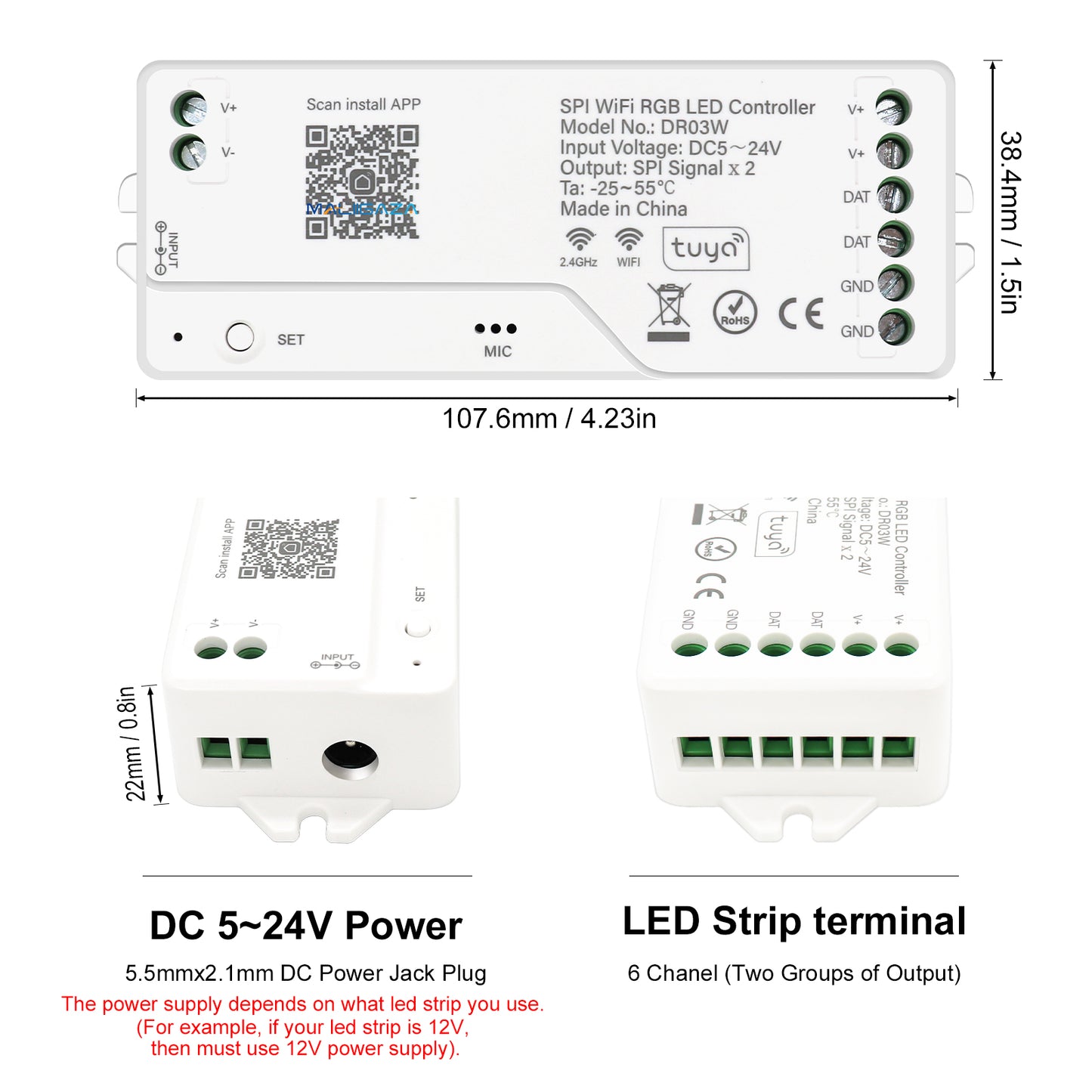 MALIIGAZA Tuya WiFi SPI RGB LED Controller with Smart Life App, Alexa, Google Home & 2.4G RF Remote Support for Addressable RGB LED Strips