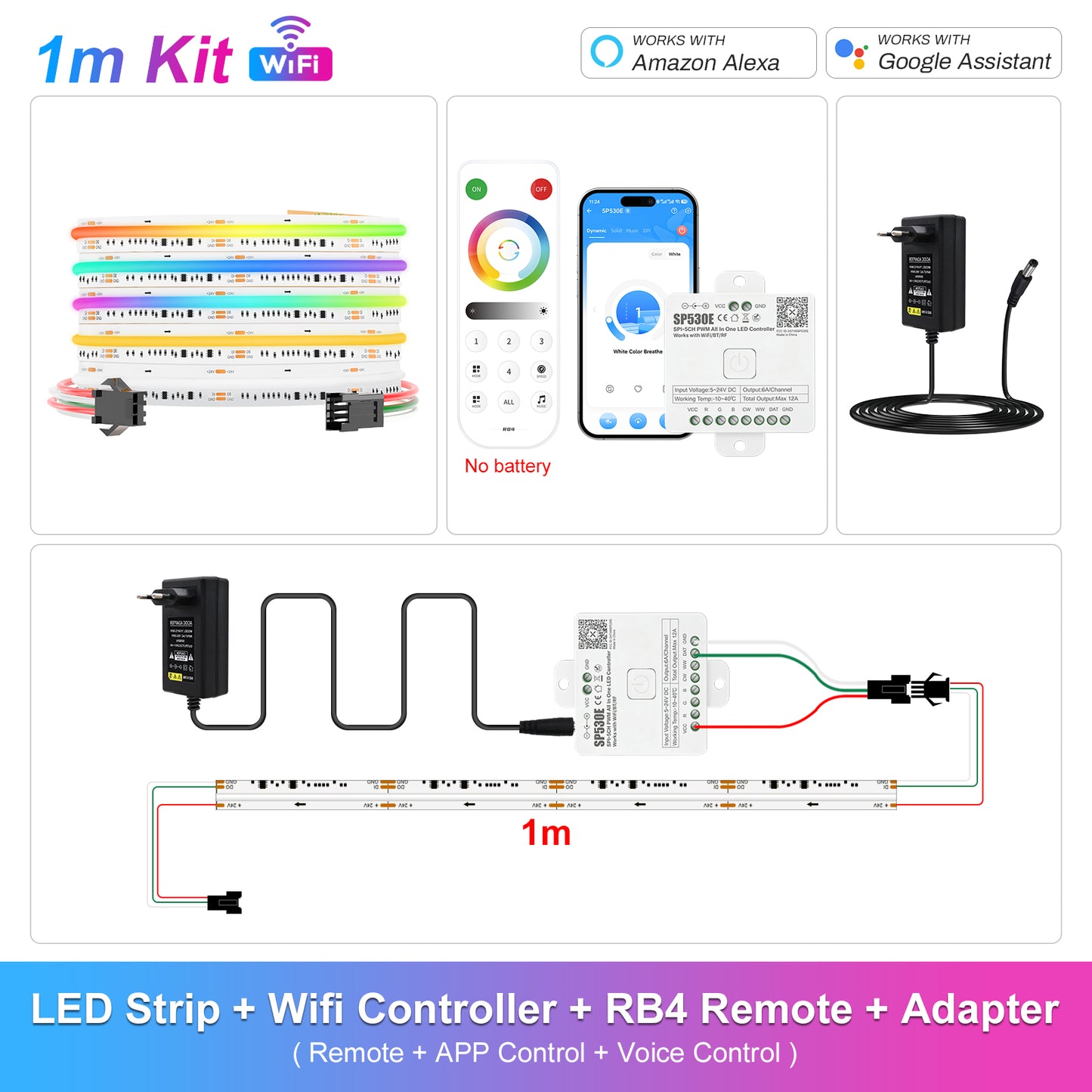 Addressable COB LED strip 5m v2 kit white PCB with normal remote and power supply