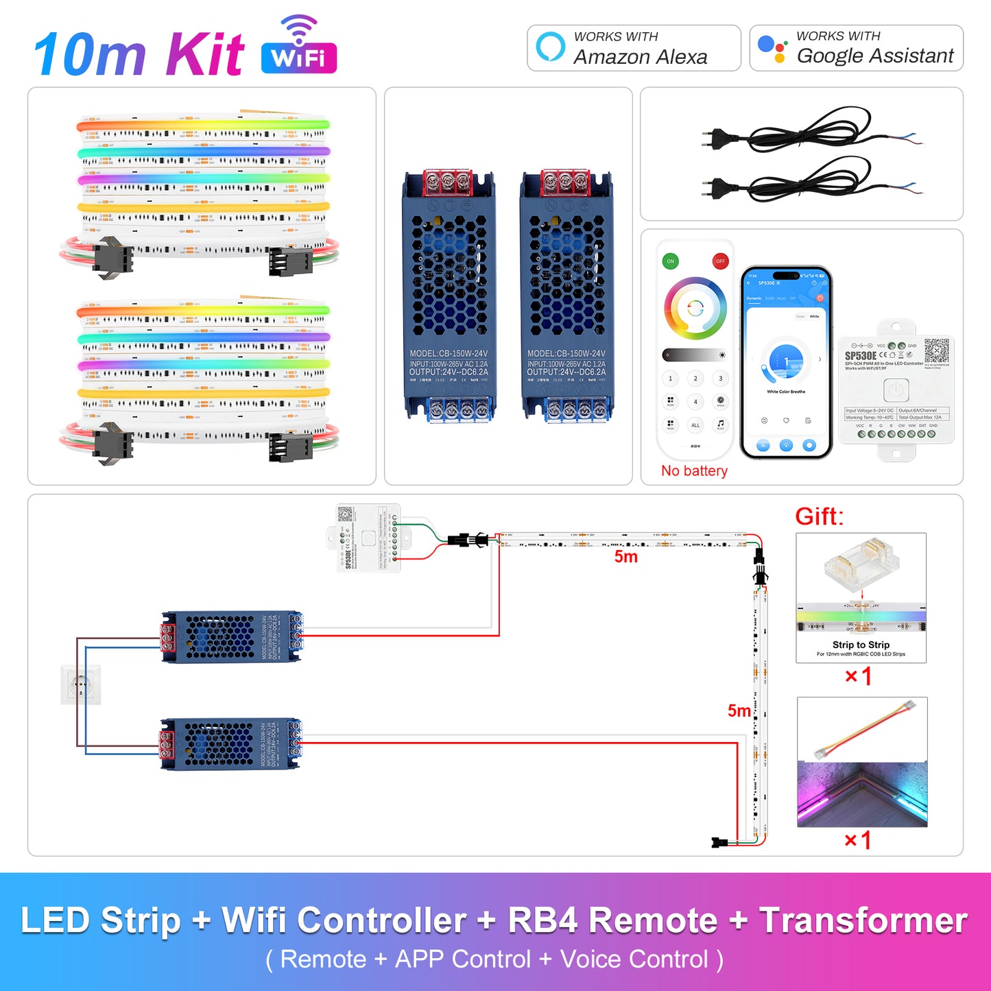 MALIIGAZA Addressable RGBCCT COB LED Strip Light WiFi Kit | 840 LEDs/m, Dual IC WS2811, Alexa & Google Assistant, App Control, Music Sync, Up to 10m 15m