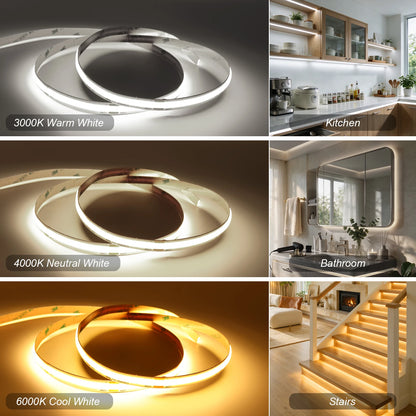 1m 24V COB LED Strip Light 8mm Flexible High Density Stair Cabinet Light Bare Tape with 1-6m Extension Cable 3000K 4000K 6000K