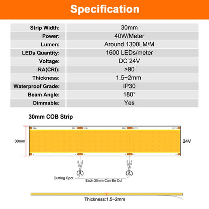 30mm Wide COB LED Strip Light 24V 3000K 4000K 6000K RA90 1600LEDs/m Ultra Bright Ribbon LED Tape for Indoor Home Decor Lighting
