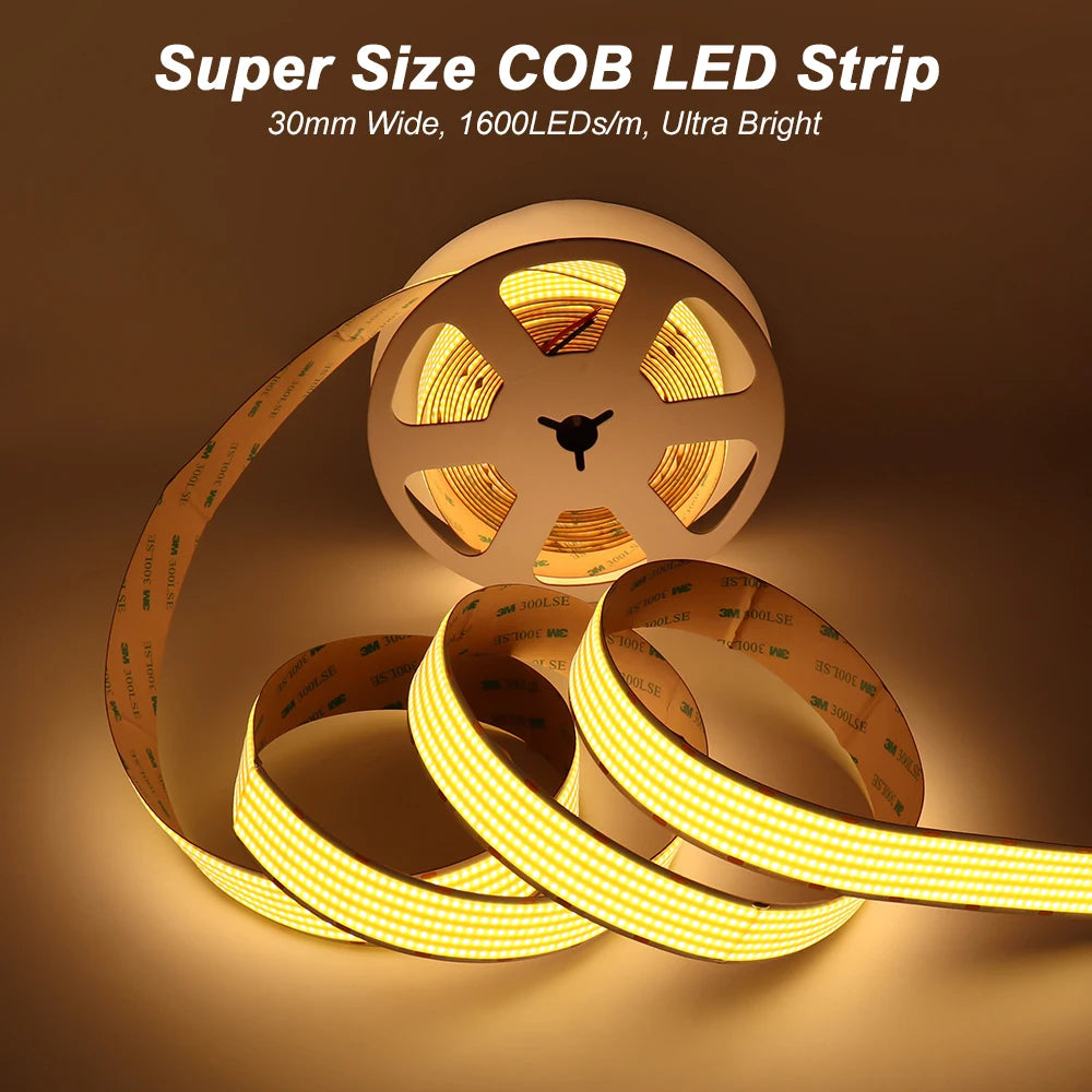 30mm Wide COB LED Strip Light 24V 3000K 4000K 6000K RA90 1600LEDs/m Ultra Bright Ribbon LED Tape for Indoor Home Decor Lighting