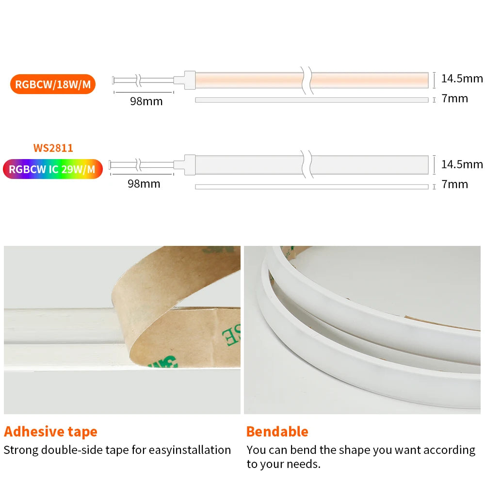MALIIGAZA IP68 RGBCCT COB LED Strip 24V - PWM or SPI WS2811, 840 LEDs/m, 3000K-6000K Tunable White