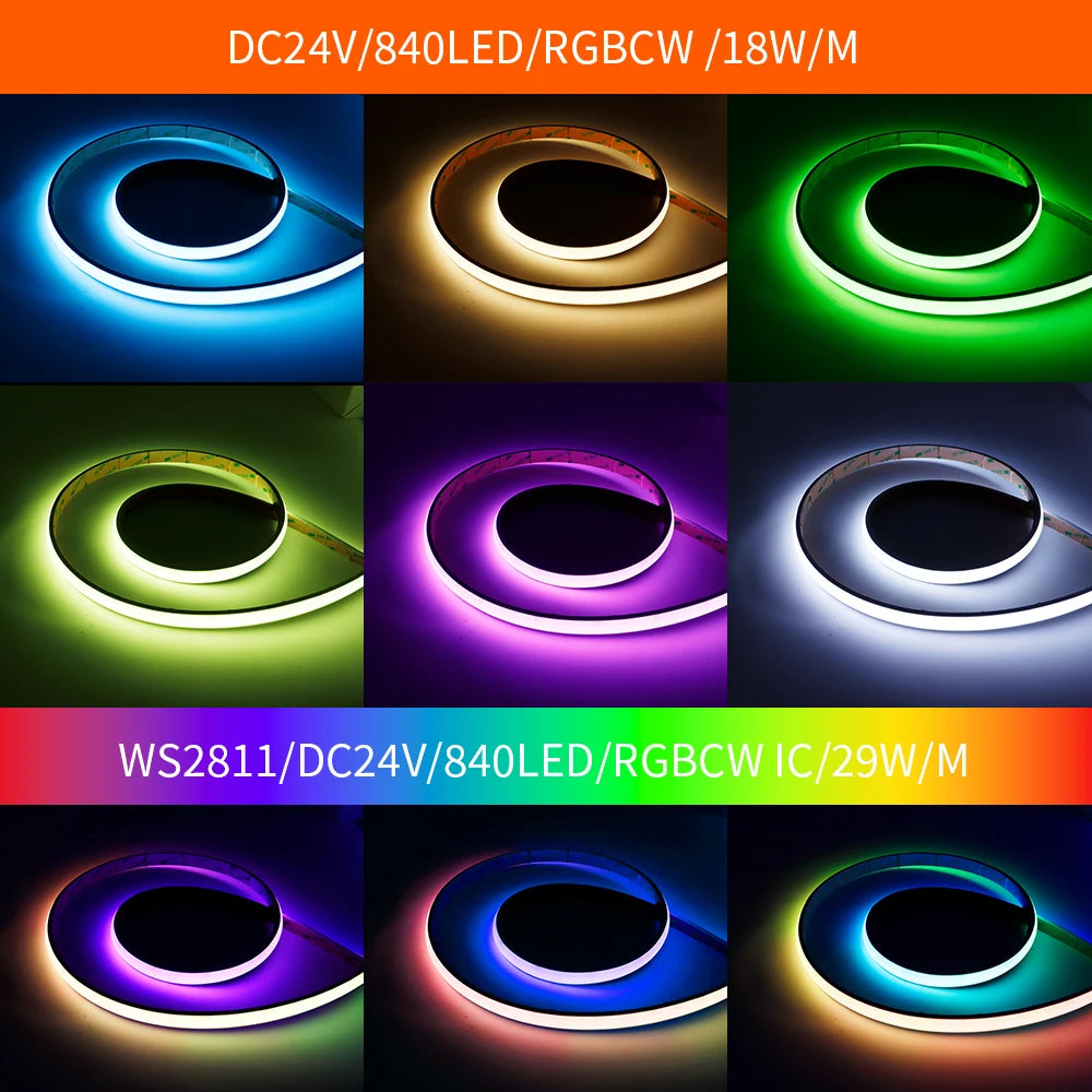 MALIIGAZA IP68 RGBCCT COB LED Strip 24V - PWM or SPI WS2811, 840 LEDs/m, 3000K-6000K Tunable White