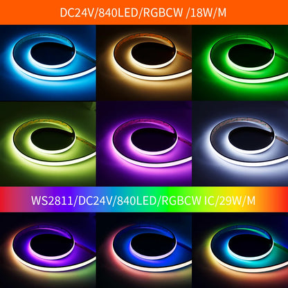 MALIIGAZA IP68 RGBCCT COB LED Strip 24V - PWM or SPI WS2811, 840 LEDs/m, 3000K-6000K Tunable White