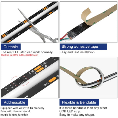 12V 24V RGB-IC LED COB Strip Lights White Black PCB WS2811 Dynamic RGB Dream Color Addressable 10mm 12mm Wide FOB Led Bar Tape