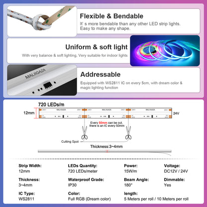 MALIIGAZA Smart Tuya WiFi RGBIC COB LED Strip Kit with Alexa & Google Home App Voice Control, Addressable Dream Color Light Tape 1-5M 10M 15M 20M 25M 30M Decor Lighting