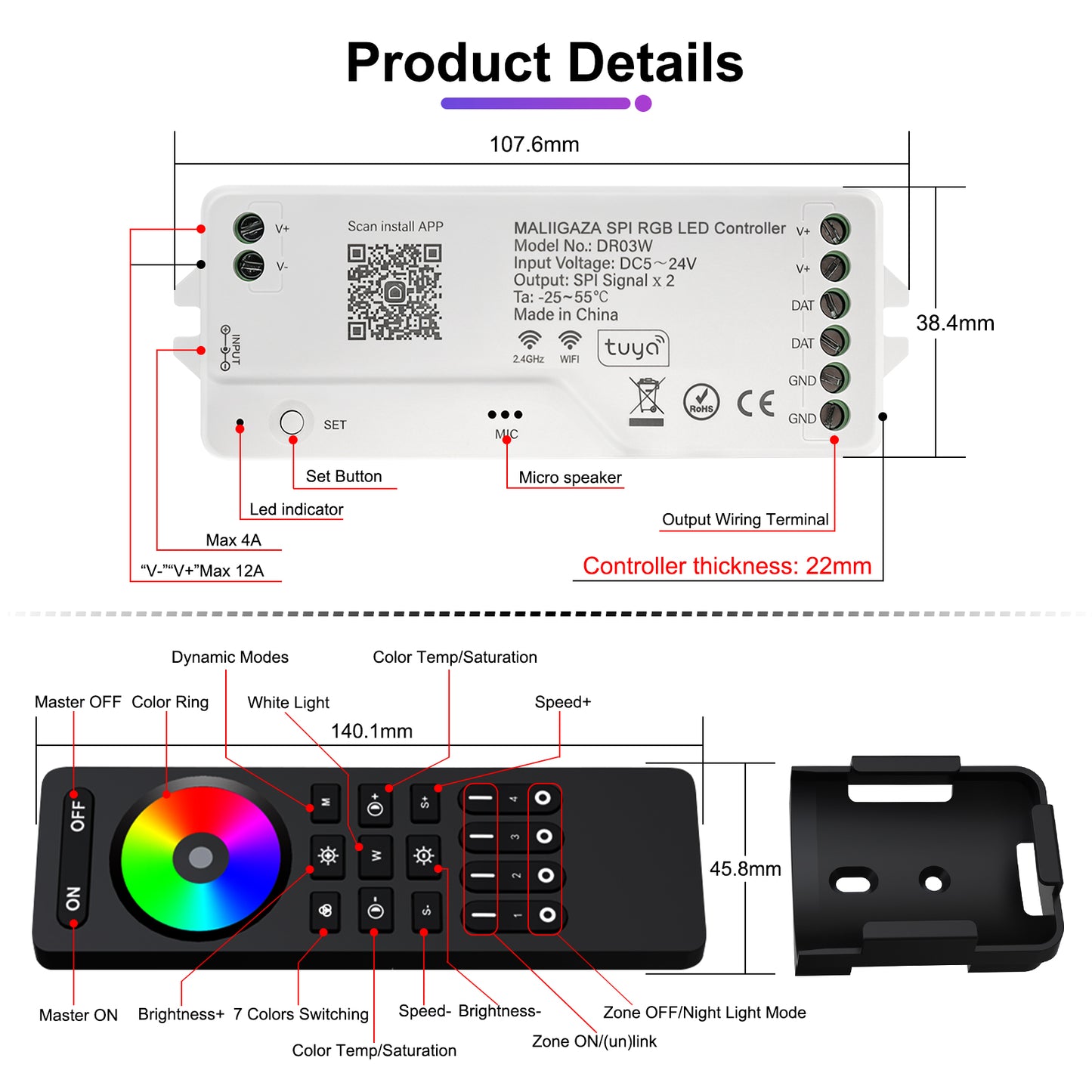MALIIGAZA Smart Tuya WiFi RGBIC COB LED Strip Kit with Alexa & Google Home App Voice Control, Addressable Dream Color Light Tape 1-5M 10M 15M 20M 25M 30M Decor Lighting