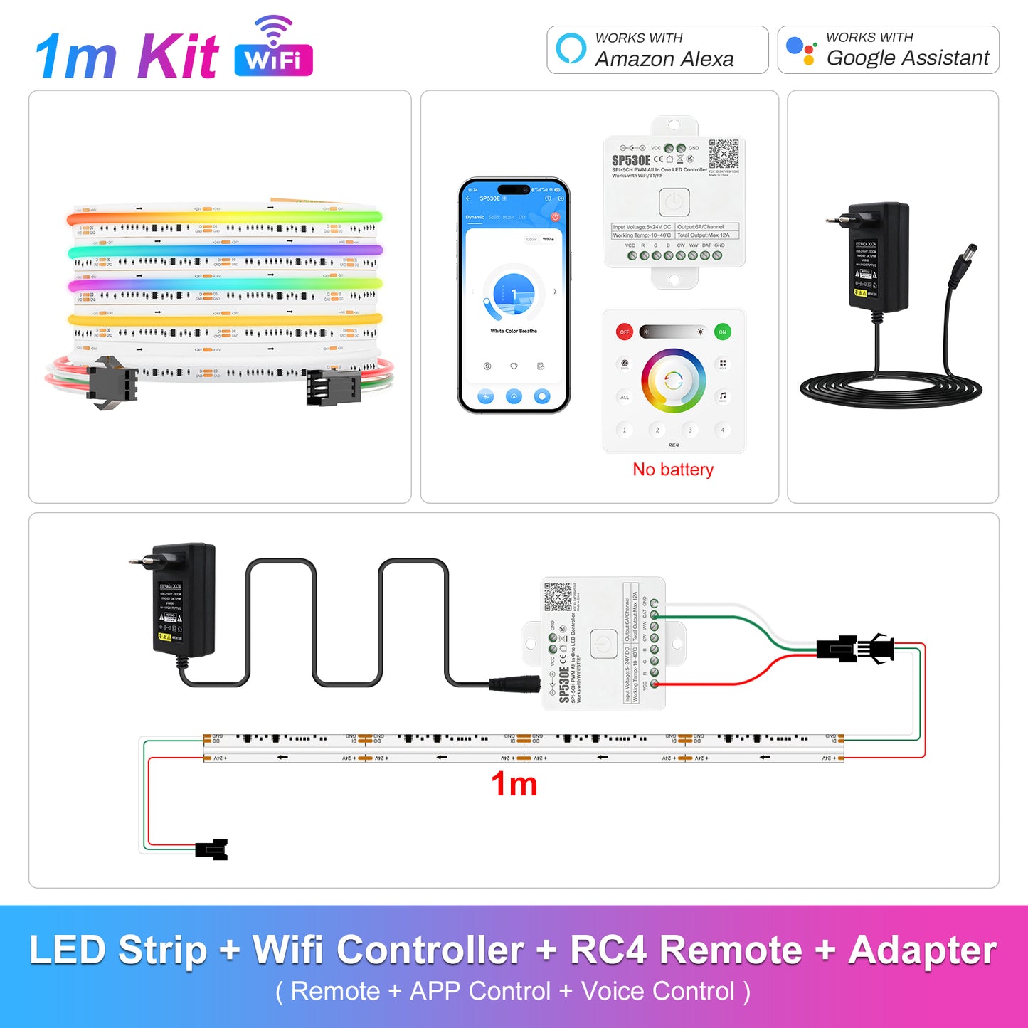 MALIIGAZA 15m addressable RGBCCT COB LED strip kit with dual power adapters and connectors