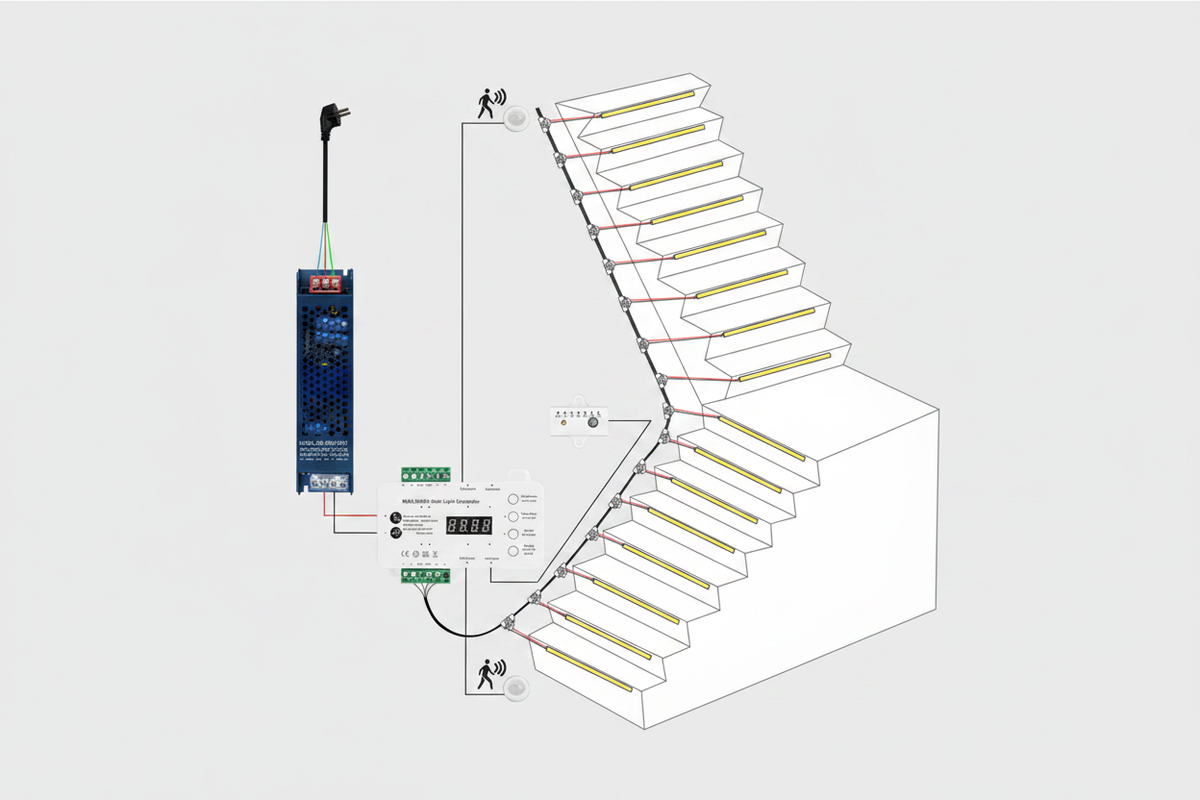Intelligent PIR Motion Sensor LED Stair Light Kit COB Strip 480LEDs/m CRI90+ - MALIIGAZA KLA-STEP-09