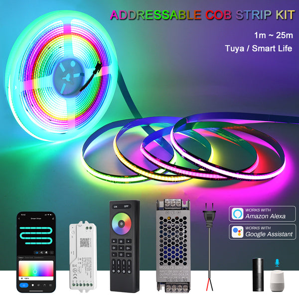 1-30m Addressable COB RGBIC LED Strip Kit | Smart WiFi App & Voice Control High-Density Intelligent Lighting | DC 24V Premium Flexible Tape