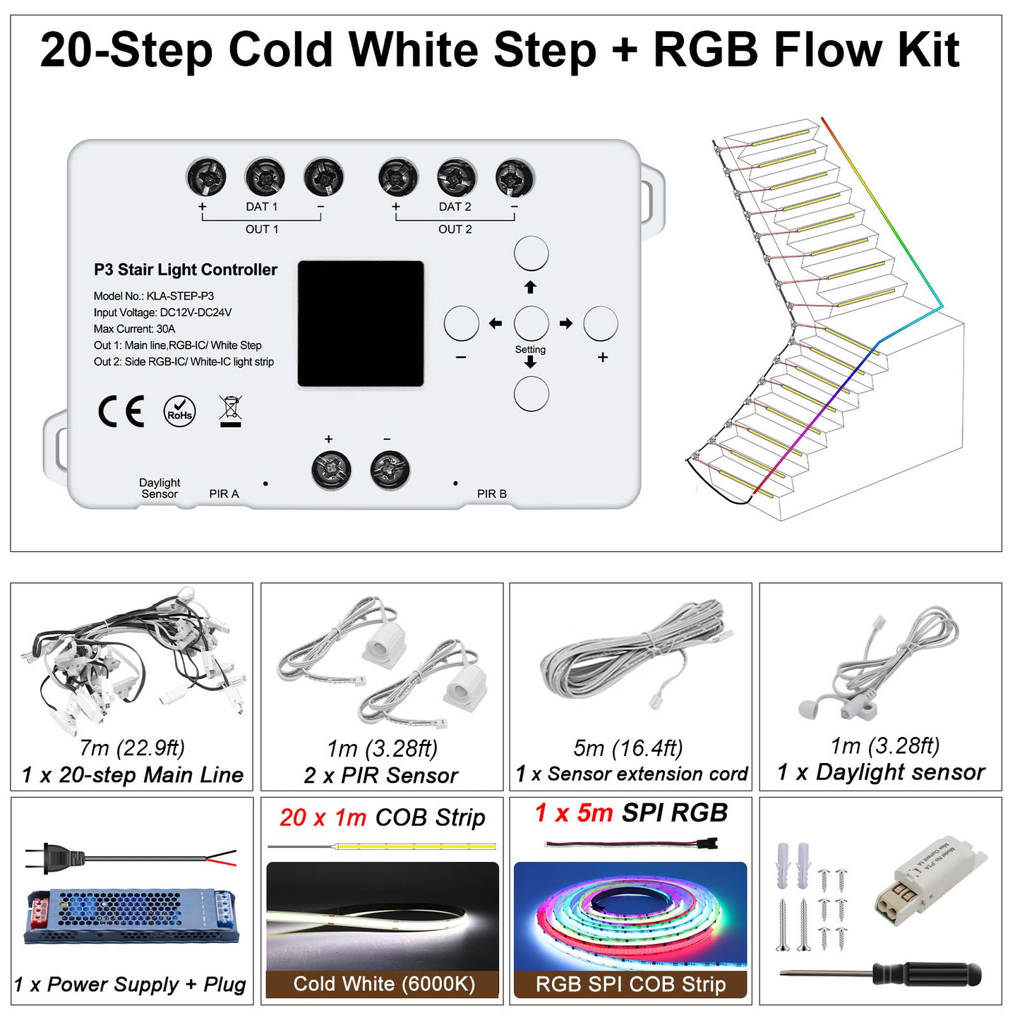 MALIIGAZA STEP-P3 Intelligent Motion Sensor Stair Light Kit | High CRI 90+ COB LED Step & Side Flow Handrail Lighting System | Plug and Play Main Line DIY Indoor Staircase Lighting (Copy)