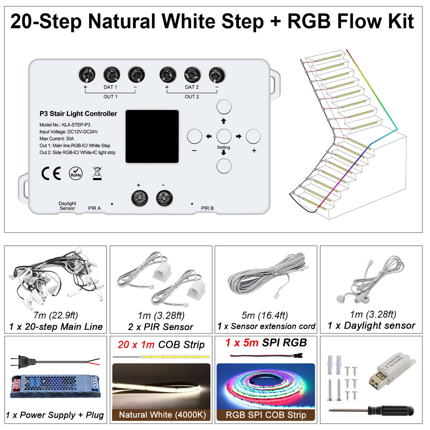 MALIIGAZA STEP-P3 Intelligent Motion Sensor Stair Light Kit | High CRI 90+ COB LED Step & Side Flow Handrail Lighting System | Plug and Play Main Line DIY Indoor Staircase Lighting (Copy)