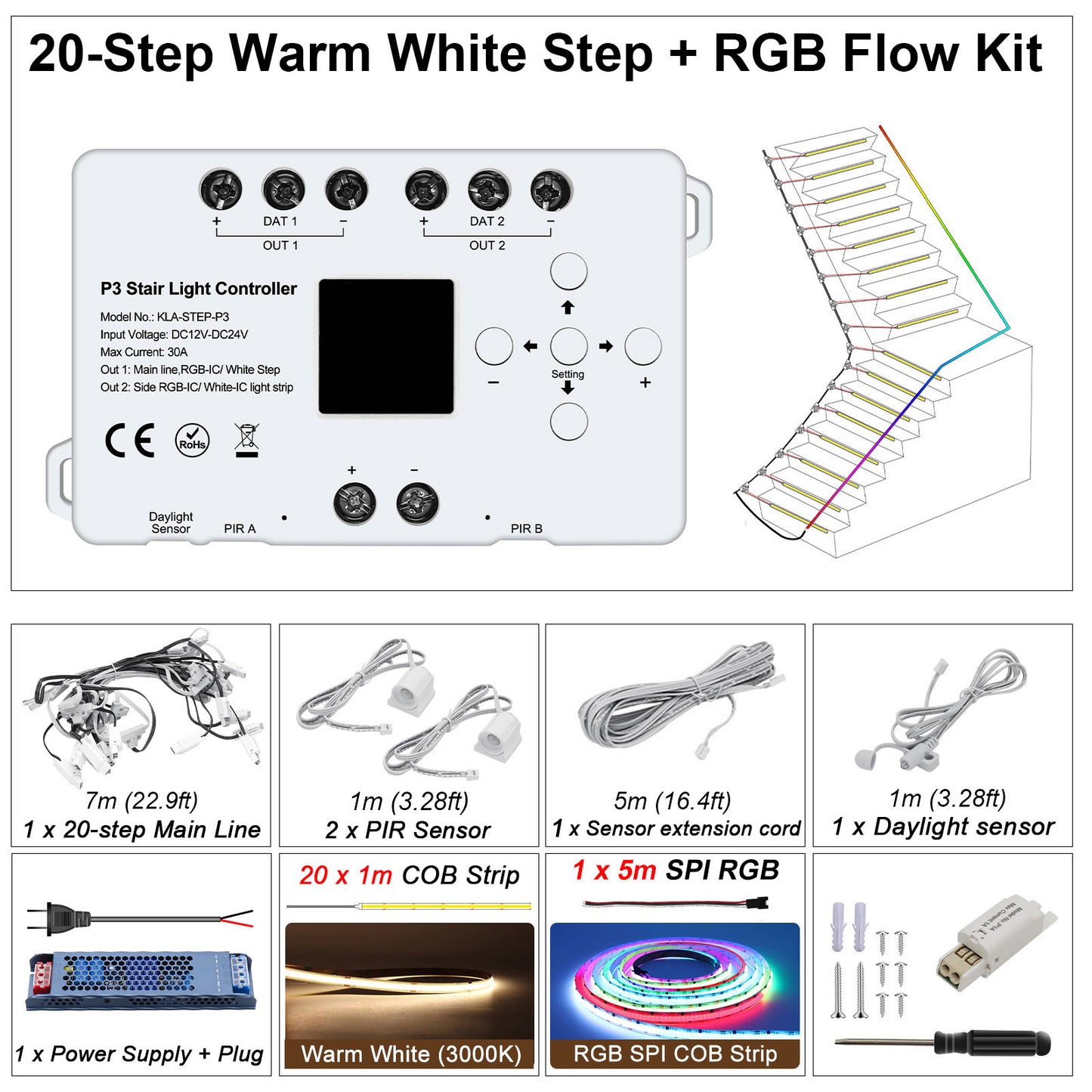 MALIIGAZA STEP-P3 Intelligent Motion Sensor Stair Light Kit | High CRI 90+ COB LED Step & Side Flow Handrail Lighting System | Plug and Play Main Line DIY Indoor Staircase Lighting (Copy)