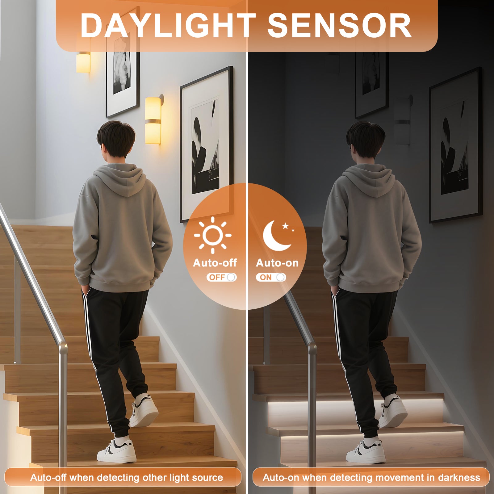 Step-by-step dynamic RGB stair lighting with each tread lit in a different color