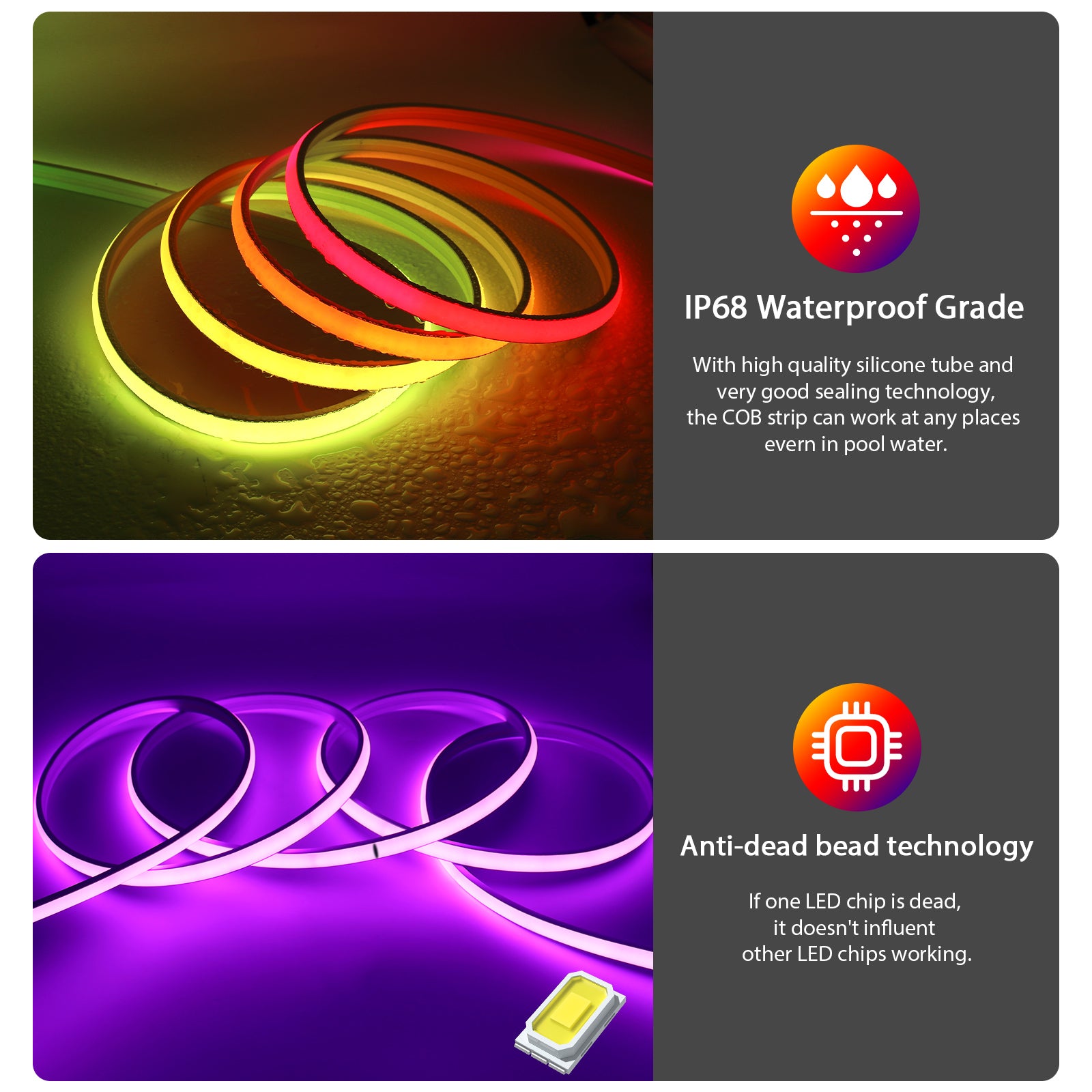 Frosted Silicone IP68 Waterproof RGB COB LED Strip for Outdoor Decor Lighting