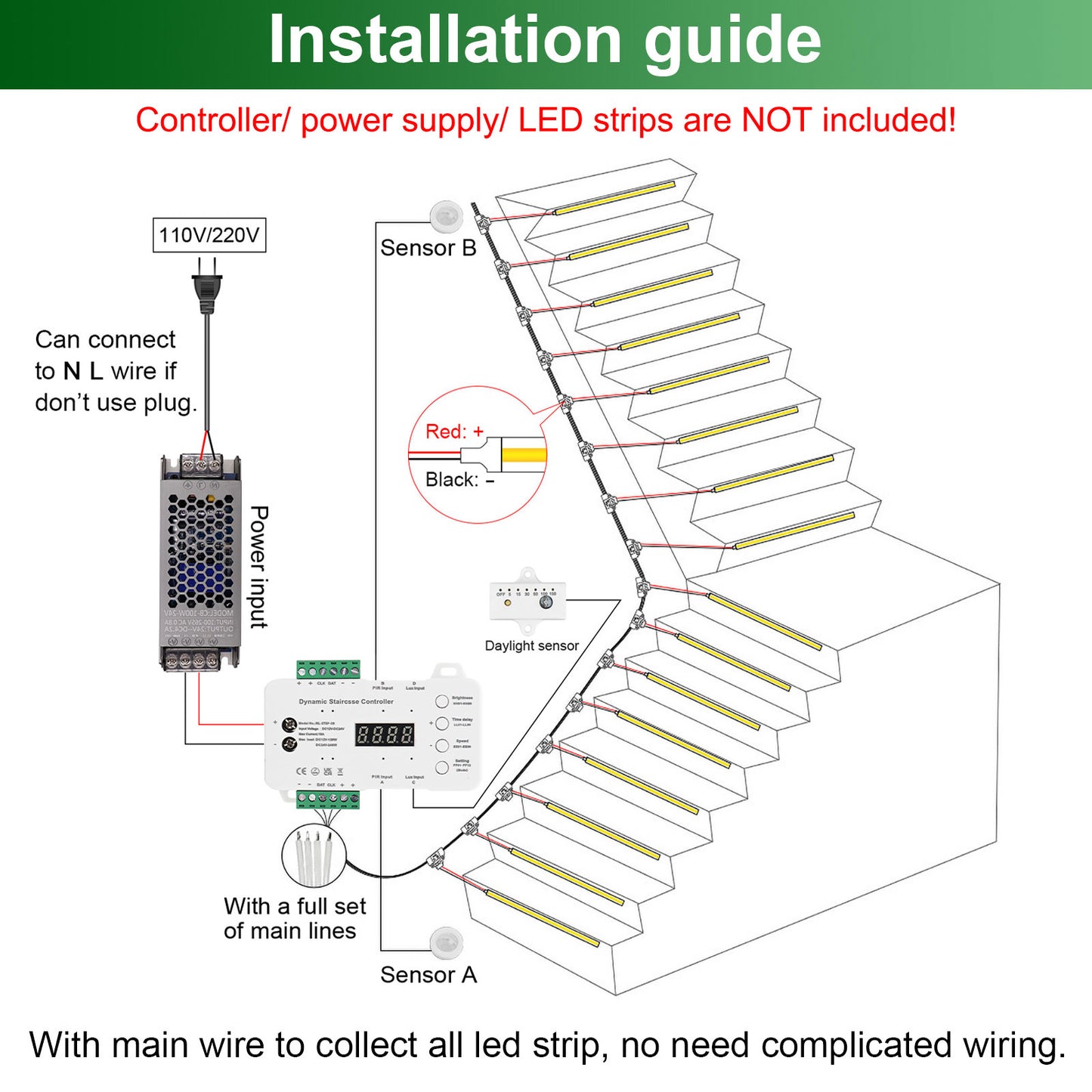 MALIIGAZA Smart Stair Light Main Line Installed Along Staircase Stringer ¡§C 35cm Node Spacing