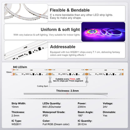 RGBIC COB LED strip light tape 2m white PCB with square remote and power adapter